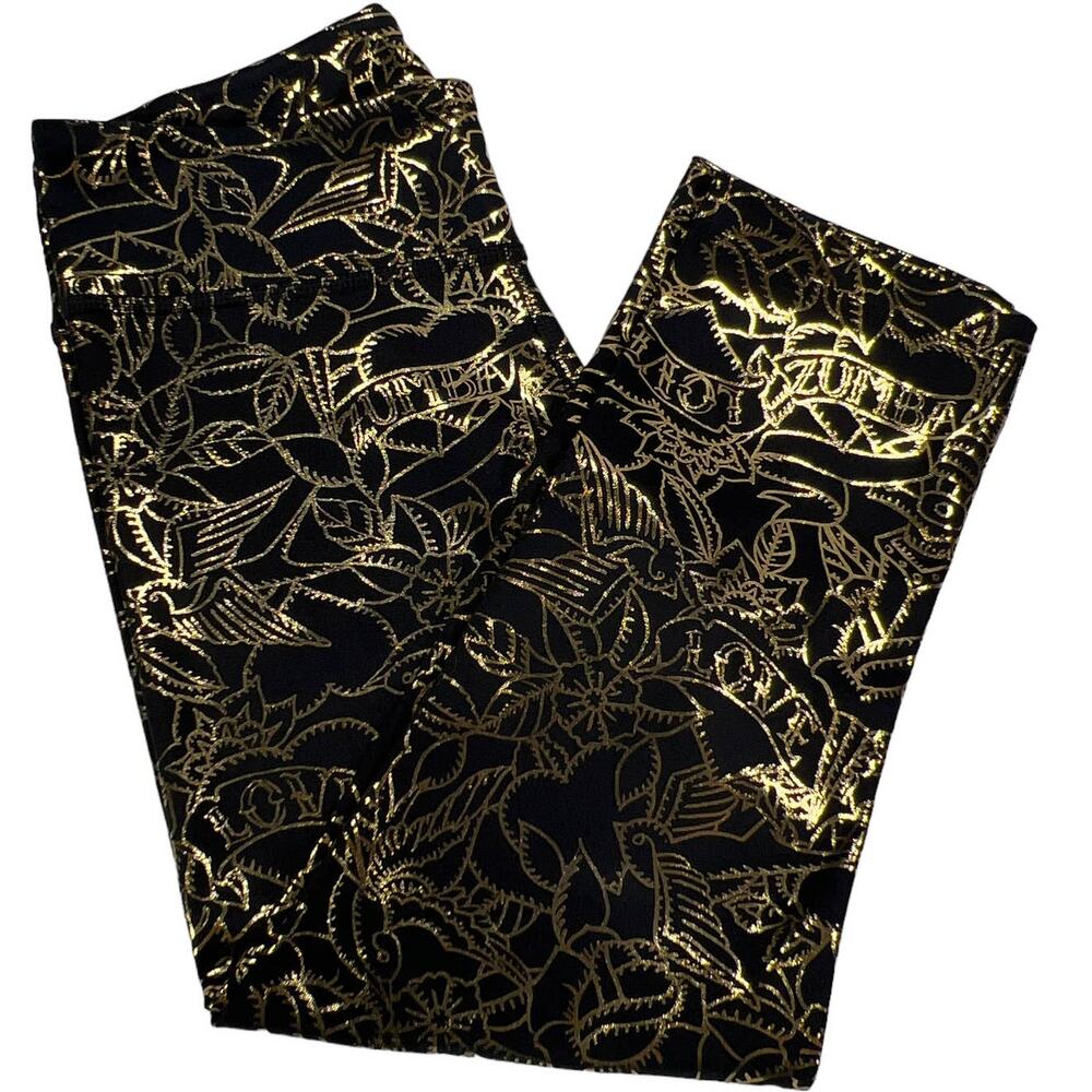 Zumba Wear Metallic Floral Capri Leggings Extra Small (XSpicy) Black Gold